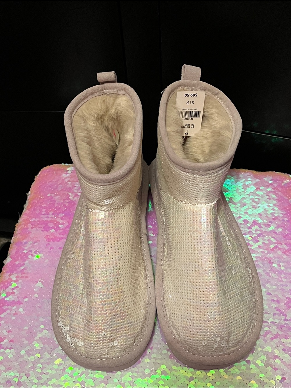 NWT PINK Victoria's Secret Iridescent Sequin Plush Short Booties